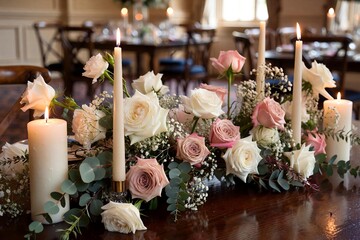 Romantic wedding floral centerpiece with candles on reception table