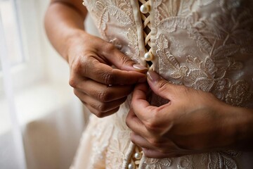 Bride fastening wedding dress buttons close-up detail