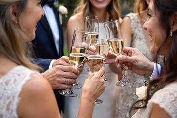 Wedding guests clinking champagne glasses in celebration
