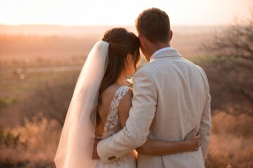 Bride and groom embracing from behind at sunset
