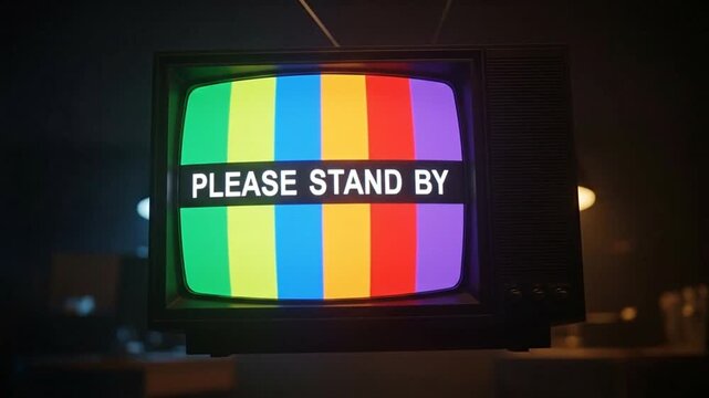 Retro Television Alert: The old-fashioned television set displaying vibrant colors, signals a message: &ldquo;Please Stand By,&rdquo; an echo of nostalgic anticipation.
