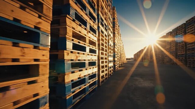 Industrial wooden pallets stacked outdoors with bright sunlight