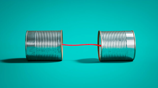 Two cans communicate connected by a red string on a green background, simple connection concept