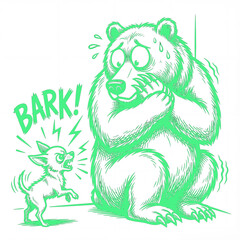 Dog barks at bear in a funny encounter in color: soft spring green bright