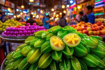 Vibrant Fruit Market Display with Star Fruit and Other Exotic Fruits.