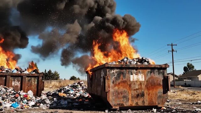 Large fires consume trash in rusty industrial dumpsters under blue sky with billowing black smoke and bright orange flames