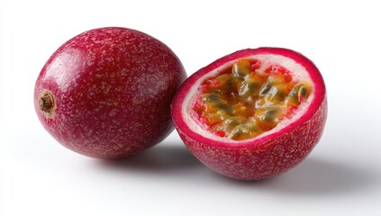 Fototapeta premium Two vibrant red passion fruit, one whole and one halved, on a white background