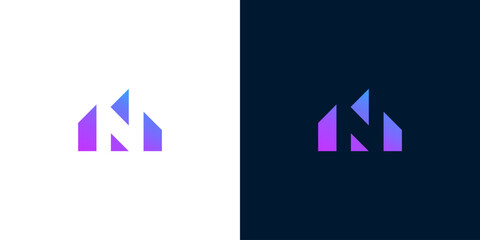 Modern abstract letter N logo design for real estate and property businesses, featuring a sleek architectural house symbol with a vibrant purple-blue gradient
