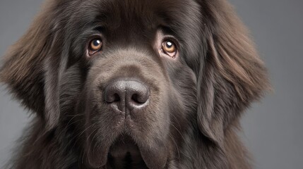 Close-up of a large, brown dog with long, fluffy fur and soulful brown eyes. The dog gazes towards the viewer with a gentle, expressive face