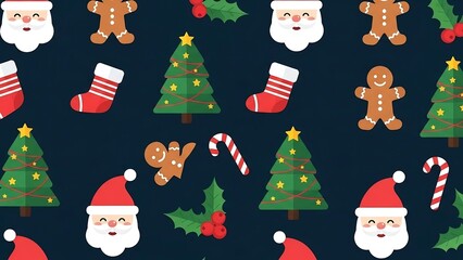 Festive Christmas Pattern with Santa, Trees, and Gingerbread Men.