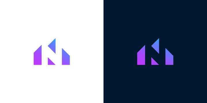 Modern abstract letter N logo design for real estate and property businesses, featuring a sleek architectural house symbol with a vibrant purple-blue gradient