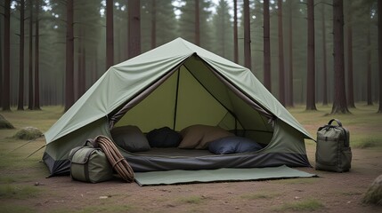 Cozy campsite setup in serene forest with green tent