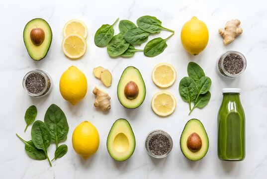 Healthy Food Ingredients Knolling on Marble - Avocado Lemon and Greens
