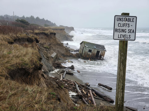 Coastal erosion unstable cliff rising sea sea level storm wave climate change global warming ocean environment shoreline erosion climate change coastal erosion warning sign Global warming concept