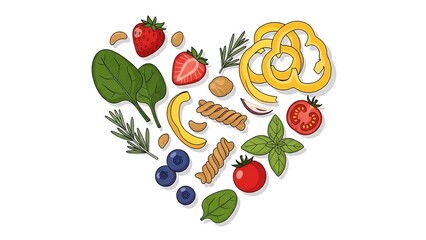 A vibrant, heart-shaped collection of wholesome ingredients, perfect for preparing nutritious meals and embracing a healthy lifestyle