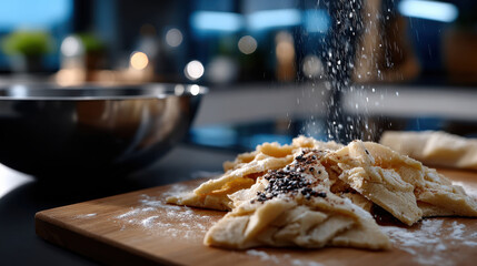 A close-up view of dough surrounded by flour on a wooden board, highlighting the art of cooking with a focus on texture and ingredients in a beautifully designed modern kitchen.