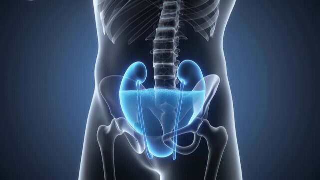 Anatomical illustration of the human urinary system, focusing on the bladder and kidneys