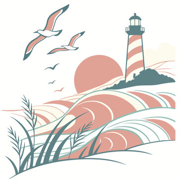Lighthouse with birds over waves at sunset