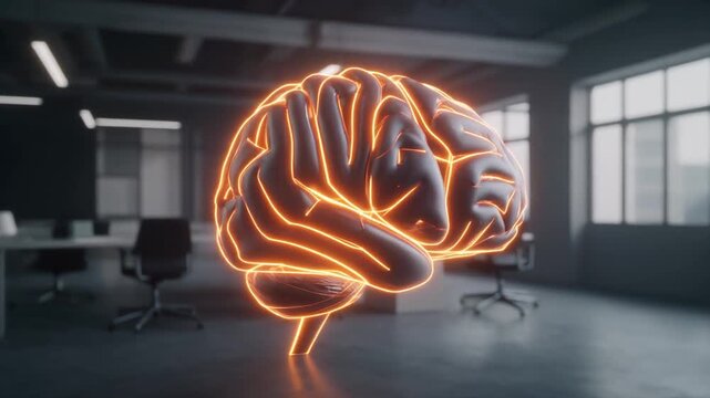 Glowing Brain in Modern Office Setting.