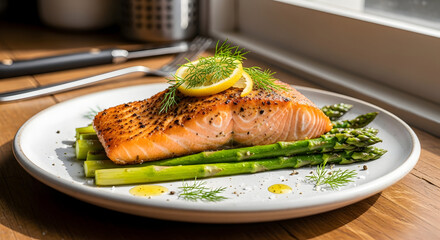 Delicious Pan-Seared Salmon with Fresh Asparagus and Lemon Garnish.