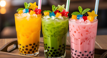 Three colorful bubble tea drinks with tapioca pearls and fruit toppings.