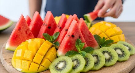 Assortment of Freshly Sliced Tropical Fruits on a Wooden Board.
