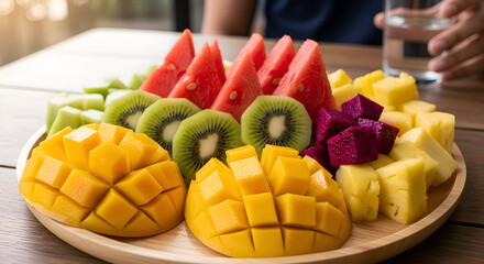 Assortment of Fresh Tropical Fruits on a Wooden Platter.