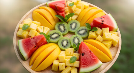 Vibrant Tropical Fruit Platter with Mango, Kiwi, Watermelon, and Pineapple Slices.