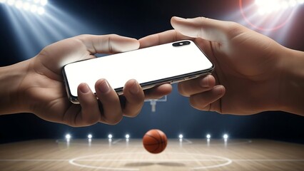Sports betting app on smartphone with basketball game background.