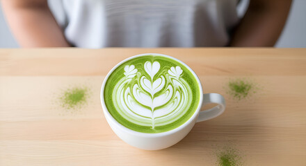 Close up of a beautiful green matcha latte with intricate latte art on a wooden table.