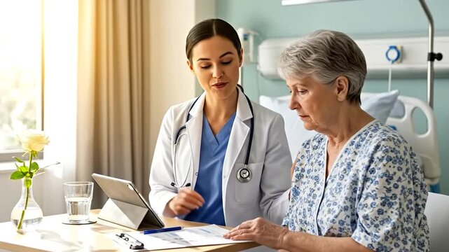 Doctor's Consultation: A compassionate doctor reviews medical records with an elderly patient, fostering trust and care in a serene healthcare setting.