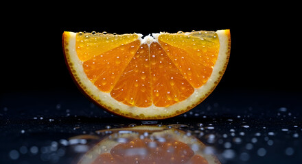 Vibrant Orange Slice with Water Droplets on Dark Background.