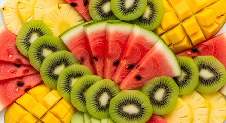 Vibrant and Colorful Assortment of Freshly Sliced Tropical Fruits Arranged Artistically on a Platter.