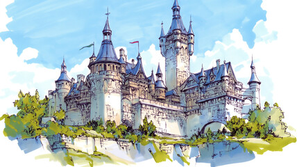 廃墟となった古代の石造り城と野生の植物が息づく静かな風景｜中世ヨーロッパ風の歴史的建築と自然の情景イラスト