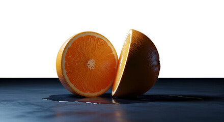 Vibrant Orange Halved on Dark Surface with White Background.