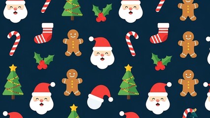 Festive Christmas Pattern with Santa, Gingerbread, and Decorations.