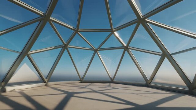 Inside a modern architectural geodesic dome with glass panels.