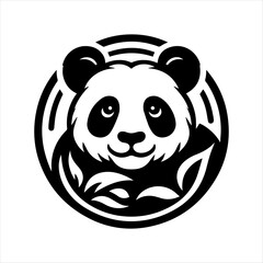 A black and white graphic illustration of a panda bear head with bamboo leaves in a circular frame.