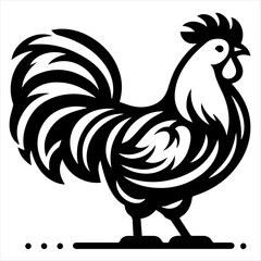 Stylized black and white rooster illustration with intricate feather details.