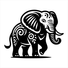 Black and white illustration of an elephant with intricate tribal patterns walking, showcasing decorative art and cultural symbolism.