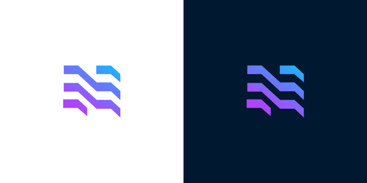 Modern abstract digital letter N or wave-like pattern logo design featuring a dynamic gradient of vibrant purple and blue hues, suitable for various technology or communication brands