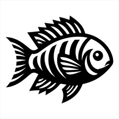 Stylized black and white illustration of a fish with striped body and fins, depicted in a simple graphic art style.