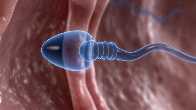 Detailed 3D scientific illustration of a human sperm cell in motion, symbolizing the vital biological process of fertilization and the profound journey of reproduction