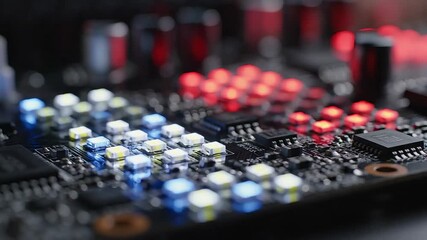 Intricate closeup of a modern electronic circuit board with glowing blue and red LED lights symbolizing advanced data processing digital technology and the complex inner workings of computing hardwar. - Powered by Adobe