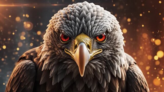 Majestic eagle head close up with intense red eyes and golden bokeh background