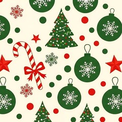 Festive Christmas pattern with ornaments, candy cane, and trees.