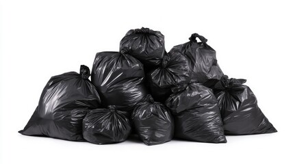 Pile of black garbage bags on white background. Artificial intelligence image