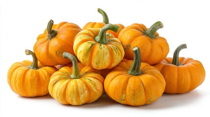 Obraz premium Pile of vibrant mini pumpkins on white background. Artificial intelligence image