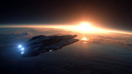 Spaceship orbiting earth at sunrise. Artificial intelligence image