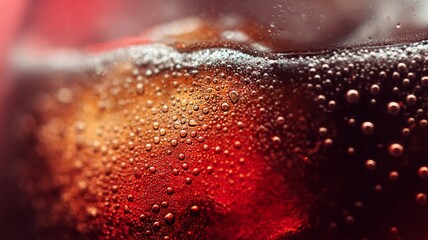 Close-up of ice-cold beverage with bubbles and red lighting. Artificial intelligence image